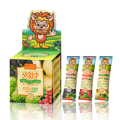 Sirupy s ovocnými šťávami a vitamíny.Doplněk stravy s cukrem(fruktozou), 21ks x 10g